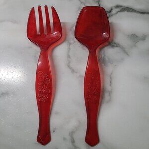 VTG Mid-Century RED Hard Plastic Serving Spoon Fork Salad Set USA Made 8.5"